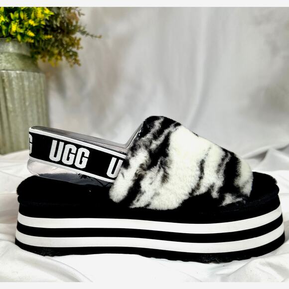 Ugg Disco Marble Slide Platform Lamb Fur Black White 10 - Picture 1 of 16